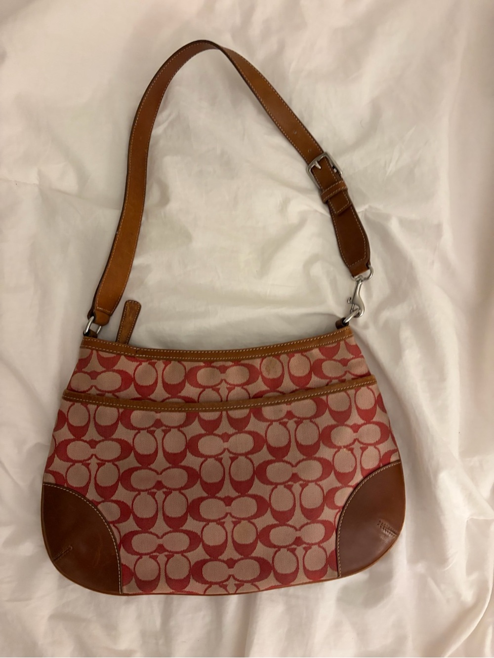 Coach Pink/Red Signature Canvas Shoulder Bag with Tan Leather Trim